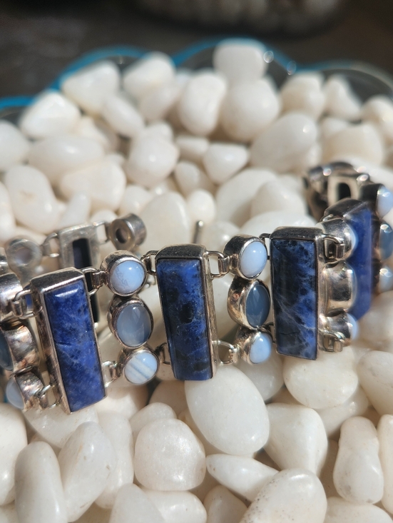 Jewelry - Vintage 925 PB Sterling Silver Blue Sodalite And Chalcedony Link Bracelet